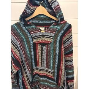 Vintage Sunspecs Baja Hoodie Mexican Poncho Pullover Stripe XL Made in Mexico